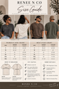 A size guide infographic for Renee N Co, featuring size charts for women's and men's fit, measurement instructions, and a small product photo collage showing models wearing the gray t-shirt.