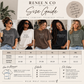 A size guide infographic for Renee N Co women's apparel, featuring four models wearing different fit styles (Relaxed Fit, Real People, Made For You, Everyday Style) from 2019 to 2024, a measurement table for sizes S through XL, and fit notes.