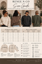 A size guide infographic for the Renée Nco Gildan Heavy Blend Crinkle Sweatshirt, featuring fit charts for women's and men's sizing, body measurement diagrams, and a list of sweatshirt details on a dark brown background.