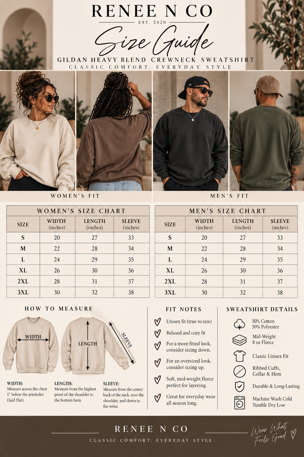 A size guide infographic for the Renée Nco Gildan Heavy Blend Crinkle Sweatshirt, featuring fit charts for women's and men's sizing, body measurement diagrams, and a list of sweatshirt details on a dark brown background.