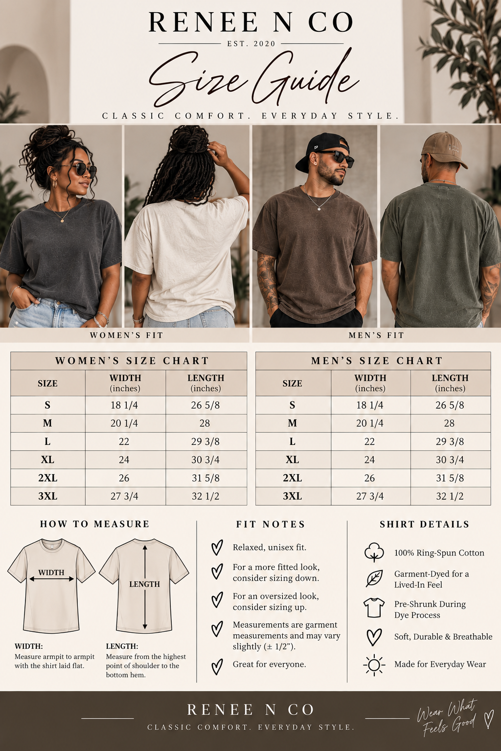 A size guide infographic for Renee N Co, featuring size charts for women's and men's fit, measurement instructions, and a small product photo collage showing models wearing the gray t-shirt.