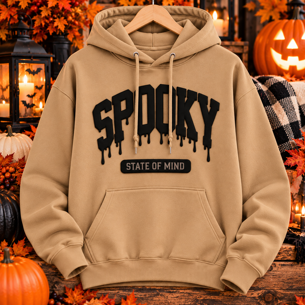 Meerkat tan Spooky State of Mind heavyweight pullover hoodie with raised black puff vinyl lettering on a Halloween-themed background