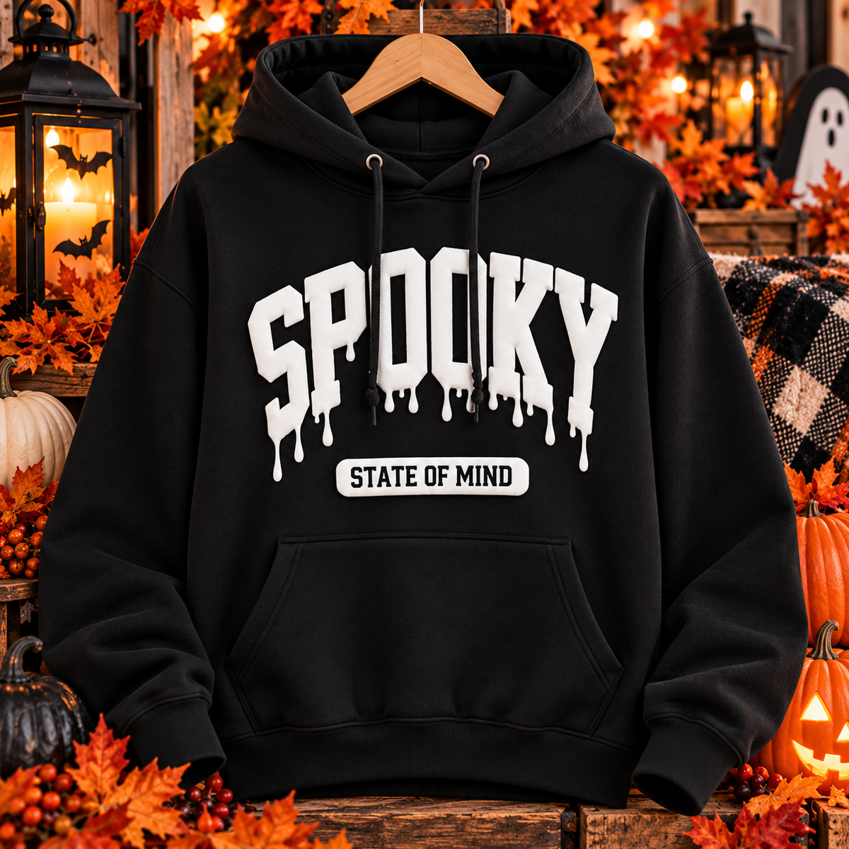 Black Spooky State of Mind heavyweight pullover hoodie with raised white puff vinyl lettering on a Halloween-themed background
