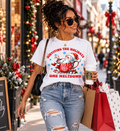 Woman wearing a white Comfort Colors Christmas graphic T-shirt with a melting snowman design and “Surviving the Holidays One Meltdown” text while holiday shopping.